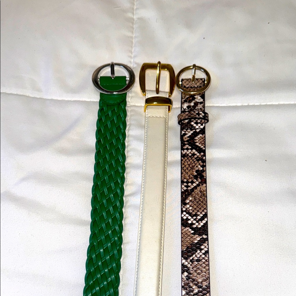 NWOT-Set of 3-Leather Belt Trio in Green, White, and snake . M- L